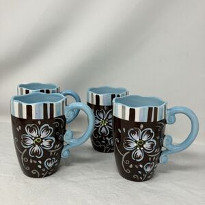 4 Pier 1 Imports Handpainted Dolomite Coffee Mug w/Scalloped Edge Brown Blue